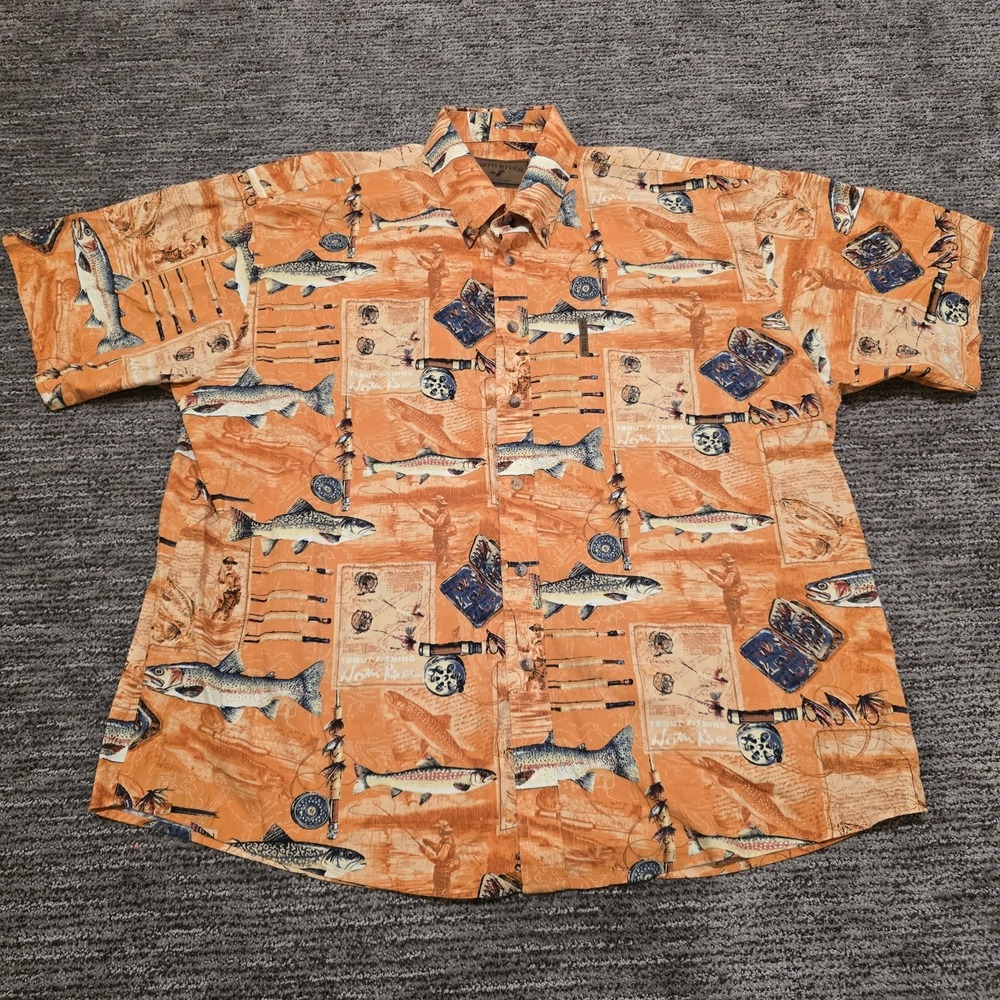 North River Outfitters Mens XL Fly Fishing Print Button‎ Down Shirt Orange